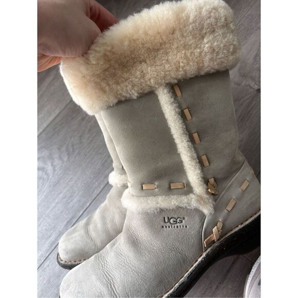UGG Womens Boots Size 6 Elijo Bone White Nubuck Leather Sherpa Fur Slip On 5137 - Picture 3 of 7